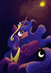 Size: 637x900 | Tagged: dead source, safe, artist:deeptriviality, princess luna, alicorn, pony, g4, accessory swap, female, glowing, magic, role reversal, solo