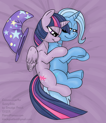 Size: 859x1000 | Tagged: safe, artist:smudge proof, trixie, twilight sparkle, alicorn, pony, unicorn, g4, bruised, commission, cuddling, female, hickey, intimate, lesbian, mare, ship:twixie, shipping, snuggling, spooning, twilight sparkle (alicorn), twilight strangle