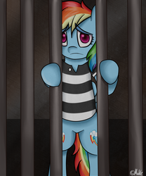 Size: 816x979 | Tagged: safe, artist:muketti, rainbow dash, pegasus, pony, g4, bipedal, both cutie marks, clothes, female, jail, looking at you, mare, prison, prison outfit, prison stripes, prisoner rd, sad, signature, solo