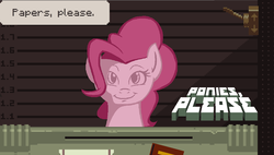 Size: 1280x728 | Tagged: safe, artist:tiarawhy, pinkie pie, earth pony, pony, g4, :i, female, looking at you, mare, papers please, parody, pinkamena diane pie, smiling, solo