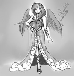 Size: 900x928 | Tagged: safe, artist:okami2506, rainbow dash, human, g4, clothes, dress, female, gala dress, grayscale, humanized, monochrome, partial color, solo, winged humanization