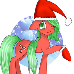 Size: 3000x3000 | Tagged: safe, artist:kyuniko, oc, oc only, oc:chrissy, pony, christmas, hat, santa hat, solo, wink