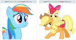 Size: 629x333 | Tagged: safe, apple bloom, applejack, rainbow dash, derpibooru, g4, exploitable meme, juxtaposition, juxtaposition win, meme, meta