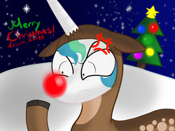 Size: 1024x768 | Tagged: safe, artist:supermaster10, princess celestia, alicorn, deer, pony, g4, angry, animal costume, cheap background, christmas, christmas tree, clothes, cosplay, costume, female, red nose, reindeer costume, snow, snowfall, solo, tree
