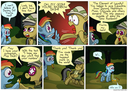 Size: 850x610 | Tagged: safe, artist:fadri, daring do, rainbow dash, comic:and that's how equestria was made, daring don't, g4, annoyed, autograph, comic, fangasm, frown, glare, mouth hold, open mouth, pointing, reality ensues, role reversal, scene parody, smiling, squee, squishy cheeks, what just happened, wide eyes, wingding eyes