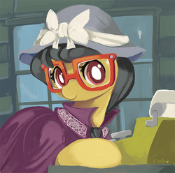 Size: 650x645 | Tagged: safe, artist:ende26, a.k. yearling, daring do, pony, daring don't, g4, bonnet, clothes, cute, daring dorable, disguise, escii keyboard, glasses, hat, looking at you, ribbon, smiling, typewriter, window
