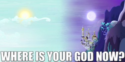 Size: 1000x500 | Tagged: safe, g4, princess twilight sparkle (episode), canterlot, caption, image macro, meme, moon, no pony, reaction image, split sky, sun, where is your god now?