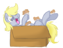 Size: 725x556 | Tagged: safe, artist:tenchi-outsuno, derpy hooves, pegasus, pony, g4, box, female, mare, muffin, solo