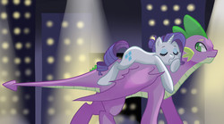 Size: 2964x1648 | Tagged: safe, artist:kianamai, rarity, spike, pony, kilalaverse, g4, eyes closed, female, male, mare, older, ponies riding dragons, quadrupedal spike, rarity riding spike, riding, ship:sparity, shipping, straight, winged spike, wings