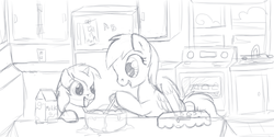 Size: 900x450 | Tagged: safe, artist:tenchi-outsuno, derpy hooves, dinky hooves, pegasus, pony, g4, female, kitchen, mare, monochrome, sketch