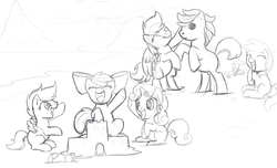 Size: 1225x743 | Tagged: safe, artist:tenchi-outsuno, apple bloom, derpy hooves, dinky hooves, scootaloo, sweetie belle, pegasus, pony, g4, beach, female, mare, monochrome, sand sculpture, sandcastle, sketch