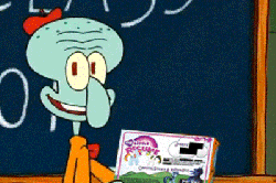 Size: 400x266 | Tagged: safe, pony, 4chan, animated, artist unknown (spongebob episode), barely pony related, book, chalkboard, gif, image macro, into the trash it goes, male, meme, monty p. moneybags, penn fraser jillette, reaction image, resume, spongebob squarepants, squidward tentacles, trash can