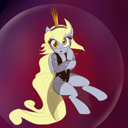 Size: 600x600 | Tagged: safe, artist:grissaecrim, derpy hooves, pegasus, pony, semi-anthro, ponies: the anthology 3, g4, crossover, crown, cute, damsel in distress, derpabetes, don bluth, don bluth's dragon's lair, female, glitter, leotard, mare, princess daphne, princess derpy, see-through, solo