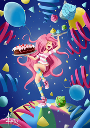 Size: 650x919 | Tagged: safe, artist:valinhya, pinkie pie, human, g4, action poster, ball, balloon, cake, clothes, confetti, cupcake, cute, diapinkes, eyes closed, female, food, humanized, light skin, open mouth, party, socks, solo, streamers, striped socks, tray