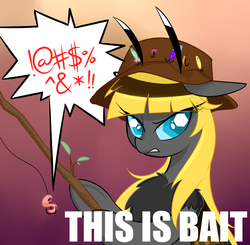 Size: 1310x1286 | Tagged: safe, artist:meekcheep, oc, oc only, oc:hexferry, earthworm, mothpony, original species, worm, bait, moth pony general, reaction image, solo, this is bait