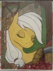 Size: 500x667 | Tagged: safe, artist:sparkafterdark, applejack, g4, apple, eyes closed, female, portrait, rope, solo, traditional art