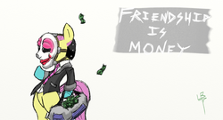 Size: 1216x657 | Tagged: safe, artist:lordbovine, fluttershy, pony, g4, bag, bipedal, clothes, clown mask, female, houston, hoxton, money, money bag, payday, payday 2, payday: the heist, simple background, solo, suit, white background