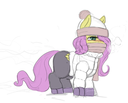 Size: 593x479 | Tagged: safe, artist:justpony, fluttershy, pegasus, pony, boots, breath, clothes, female, hair over one eye, hat, jacket, mare, scarf, simple background, solo, white background, winter outfit