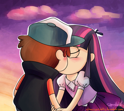 Size: 1061x953 | Tagged: safe, artist:cherryviolets, twilight sparkle, human, g4, blushing, boyfriend and girlfriend, cloud, crossover, crossover shipping, diplight, dipper pines, gravity falls, having a moment, humanized, kiss on the lips, kissing, light skin, making out, male, public display of affection, shipping, style emulation