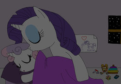 Size: 900x631 | Tagged: safe, artist:lightdegel, rarity, sweetie belle, pony, unicorn, g4, block, crayon, cream the rabbit, crossover, drawing, female, good night, goodnight, kissing, mare, night, platonic kiss, sibling love, siblings, sisterly love, sisters, sleeping, sonic the hedgehog (series)