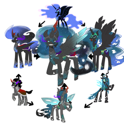 Size: 3000x3000 | Tagged: safe, artist:techtechno, king sombra, nightmare moon, queen chrysalis, g4, fusion, fusion diagram, high res, smug