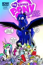 Size: 688x1044 | Tagged: safe, artist:andypriceart, idw, princess celestia, princess luna, alicorn, pony, g4, andy you magnificent bastard, bloodshot eyes, caffeine, celestia is not amused, coffee, cover, cup, eyestrain warning, frown, funny, funny as hell, hypercaffinated, logo, luna found the coffee, needs more saturation, open mouth, smiling, spread wings, tongue out, unamused, wide eyes