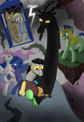Size: 1453x2094 | Tagged: safe, artist:asdf314159265, derpy hooves, discord, doctor whooves, princess celestia, princess luna, time turner, oc, pony, unicorn, g4, alicorn amulet, bipedal, doctor who, glowing eyes, helmet, lightning, pink-mane celestia, sad, scared, shadow, tardis, young, younger
