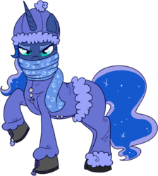 Size: 433x484 | Tagged: safe, artist:lulubell, princess luna, alicorn, pony, g4, boots, bundled up for winter, clothes, female, hat, pants, raised hoof, scarf, shoes, simple background, snowsuit, solo, transparent background, winter hat, winter outfit