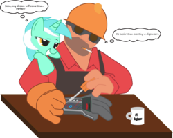 Size: 3730x2991 | Tagged: safe, artist:hoodie-stalker, lyra heartstrings, human, pony, unicorn, g4, engineer, engineer (tf2), gloves, gunslinger (tf2), team fortress 2