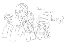 Size: 2939x2040 | Tagged: safe, artist:artoftheghostie, big macintosh, fluttershy, scootaloo, earth pony, pony, g4, lineart, male, monochrome, ship:fluttermac, shipping, stallion, straight, tumblr