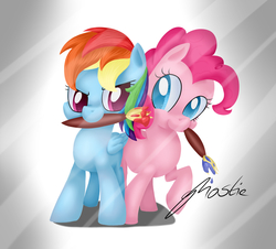 Size: 2896x2616 | Tagged: safe, artist:artoftheghostie, pinkie pie, rainbow dash, g4, female, lesbian, paintbrush, ship:pinkiedash, shipping