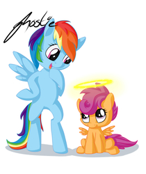 Size: 1210x1438 | Tagged: safe, artist:artoftheghostie, rainbow dash, scootaloo, pony, g4, bipedal, halo