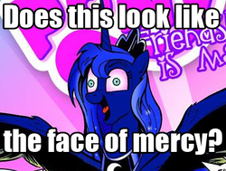 Size: 416x314 | Tagged: safe, artist:andy price, idw, princess luna, g4, spoiler:comic, caption, comic, cover, face of mercy, faic, female, image macro, insanity, lunatic, meme, solo