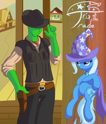 Size: 600x700 | Tagged: safe, artist:kidkaizer, trixie, oc, oc:anon, g4, duo, fanfic art, western