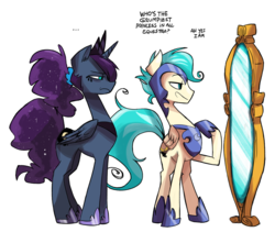 Size: 1701x1434 | Tagged: dead source, safe, artist:herny, princess luna, oc, oc:freefall, luna-afterdark, g4, alternate design, armor, mirror, night guard, ponytail, unamused