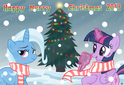 Size: 2900x2000 | Tagged: safe, artist:benkomilk, trixie, twilight sparkle, alicorn, pony, g4, blushing, christmas, christmas tree, female, lesbian, mare, microphone, ship:twixie, shipping, snow, snowfall, tree, twilight sparkle (alicorn)