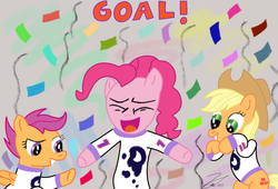 Size: 960x653 | Tagged: safe, artist:iamthemanwithglasses, applejack, pinkie pie, princess luna, scootaloo, g4, goal, hockey, nhl