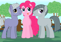 Size: 682x473 | Tagged: dead source, source needed, safe, artist:jaquelindreamz, limestone pie, marble pie, pinkie pie, earth pony, pony, g4, berry brothers, bronze berry, bubble berry, keyser berry, pie sisters, rule 63, trio