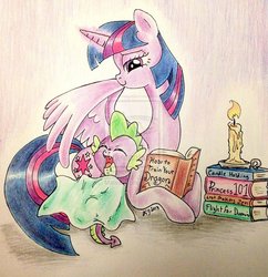 Size: 900x931 | Tagged: safe, artist:oriwhitedeer, spike, twilight sparkle, alicorn, pony, g4, blanket, book, candle, female, long neck, mare, spikelove, traditional art, twilight sparkle (alicorn)