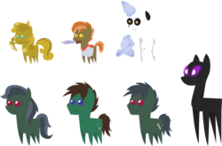Size: 1515x998 | Tagged: safe, artist:zacatron94, button mash, sweetie belle, enderman, enderpony, pony, undead, zombie, zombie pony, don't mine at night, arrow, bow (weapon), bow and arrow, endermare, glowing eyes, glowing horn, jananimations, magic, minecraft, mouth hold, pack, pickaxe, pointy ponies, simple background, skeleton, sweetie gold, sword, telekinesis, transparent background, weapon, zombie jan