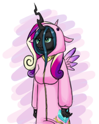 Size: 1280x1600 | Tagged: safe, artist:hasana-chan, princess cadance, queen chrysalis, changeling, changeling queen, anthro, g4, 30 minute art challenge, breasts, clothes, costume, cute, cutealis, female, frown, hoodie, kigurumi, onesie, pajamas, solo, unamused