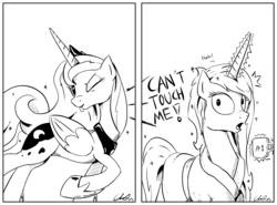 Size: 2186x1618 | Tagged: safe, artist:cs, princess celestia, princess luna, g4, magic, monochrome, tongue out, wink