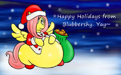 Size: 637x398 | Tagged: safe, fluttershy, pegasus, pony, g4, ask-blubbershy, belly, fat, fattershy, female, hat, obese, santa hat, solo