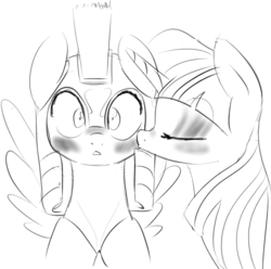 Size: 886x879 | Tagged: source needed, safe, artist:zev, flash sentry, twilight sparkle, g4, blushing, cute, eyes closed, eyeshadow, female, grayscale, helmet, kissing, male, monochrome, royal guard, ship:flashlight, shipping, smooch, spread wings, straight, surprise kiss, surprised, wingboner