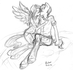 Size: 2032x1952 | Tagged: safe, artist:lovingrandomness, big macintosh, fluttershy, earth pony, anthro, g4, 2013, duo, female, kiss on the lips, kissing, male, monochrome, ship:fluttermac, shipping, signature, sketch, straight, traditional art