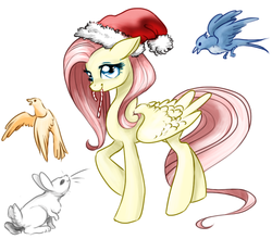 Size: 835x736 | Tagged: safe, artist:opalacorn, fluttershy, bird, pegasus, pony, rabbit, g4, candy, candy cane, christmas, female, food, hat, holiday, mouth hold, santa hat, simple background, solo, white background