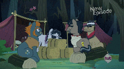 Size: 1280x720 | Tagged: safe, screencap, biff, daring do, doctor caballeron, rogue (g4), withers, earth pony, pegasus, pony, daring don't, g4, animated, female, hay, henchmen, horses doing horse things, male, mare, stallion