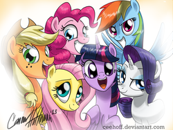 Size: 2354x1771 | Tagged: safe, artist:ceehoff, applejack, fluttershy, pinkie pie, rainbow dash, rarity, twilight sparkle, alicorn, earth pony, pegasus, pony, unicorn, g4, cute, female, group, mane six, mare, sextet, smiling, twilight sparkle (alicorn)