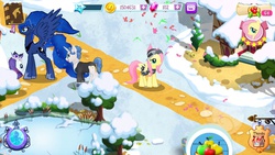 Size: 1136x640 | Tagged: safe, gameloft, fancypants, fluttershy, princess luna, princess platinum, private pansy, rarity, g4, butt wings, eyes on the prize, her royal enormity