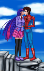 Size: 3495x5662 | Tagged: safe, artist:sketchbits, twilight sparkle, human, spiders and magic: rise of spider-mane, g4, crossover, crossover shipping, dark skin, female, humanized, kissing, light skin, male, spider-man, spidertwi, straight